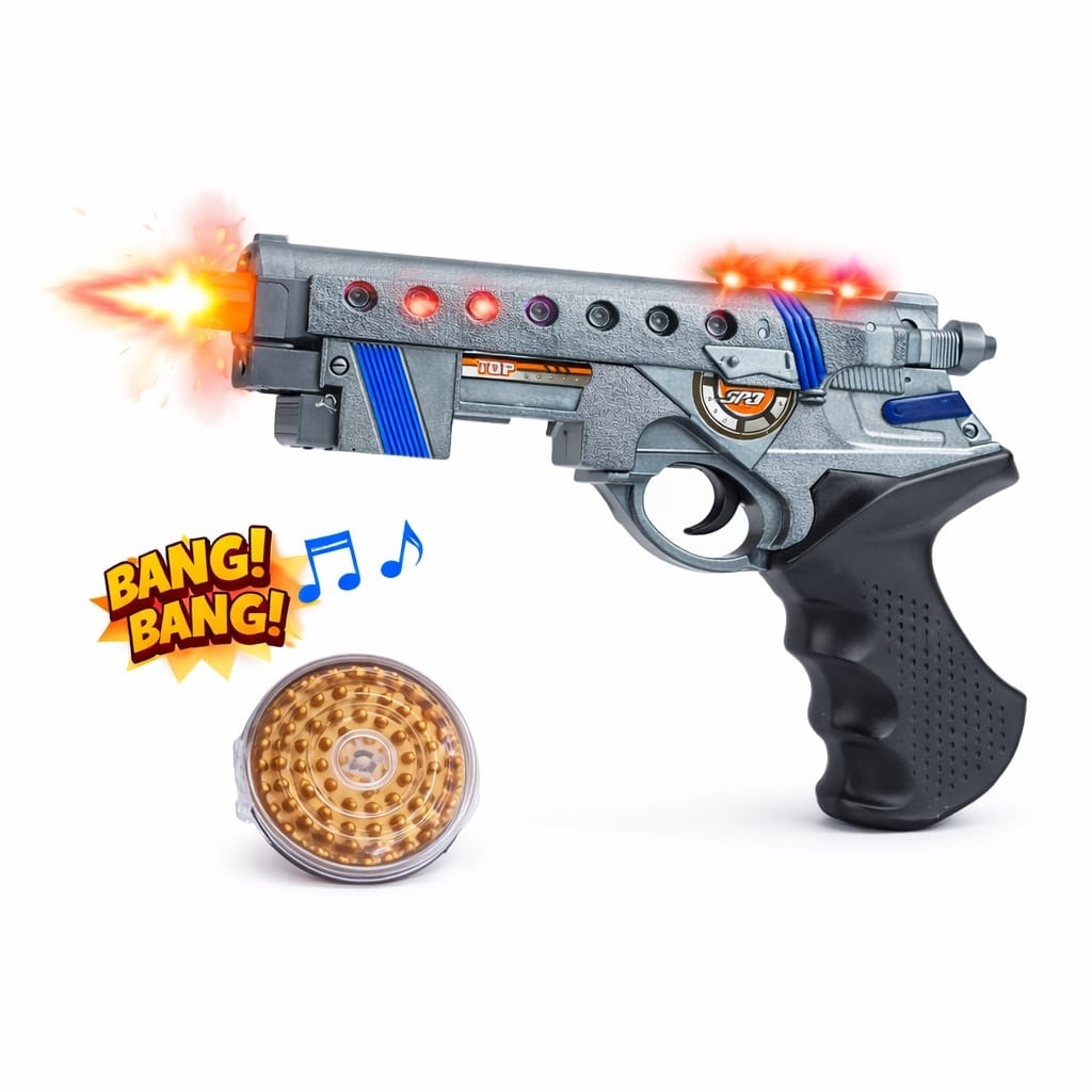 Pistol de jucarie cu lumini si sunete, design modern gri cu albastru