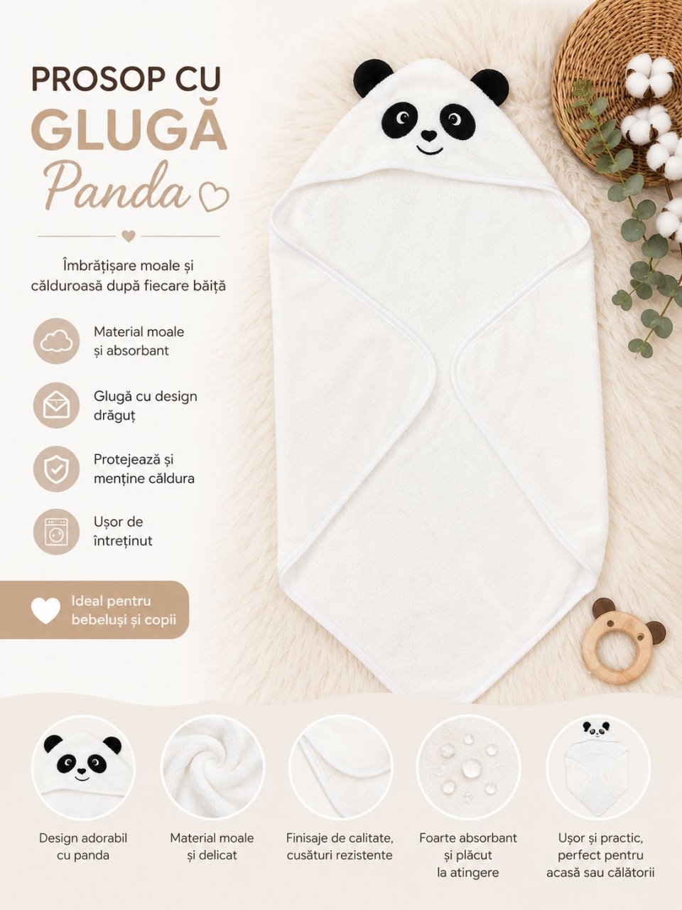 Prosop cu Glugă pentru Copii și Bebeluși Alb – Model Panda, Moale și Absorbant 3
