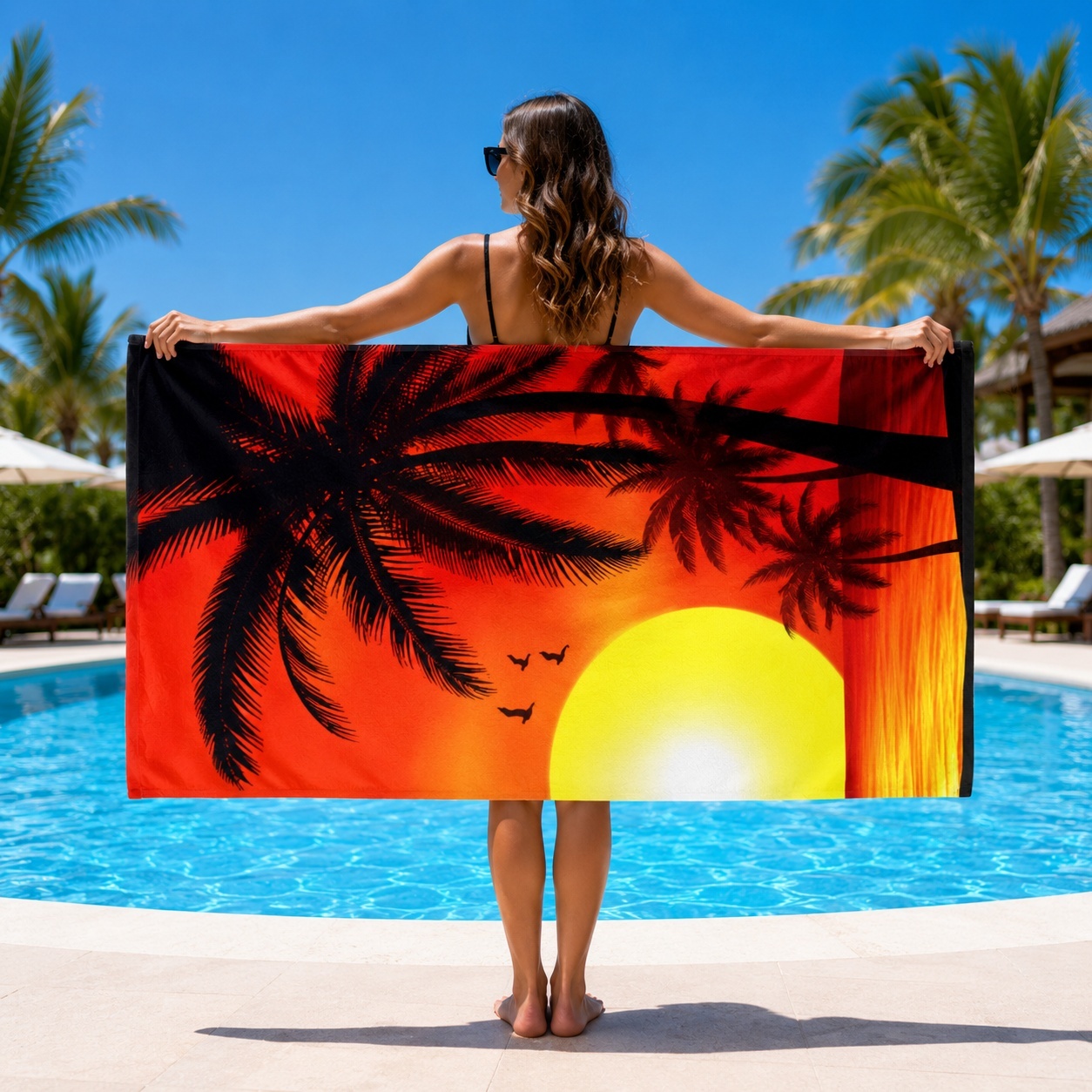 Prosop de Plajă cu Palmieri și Apus Tropical 70x140 cm – Microfibră cu Design Exotic