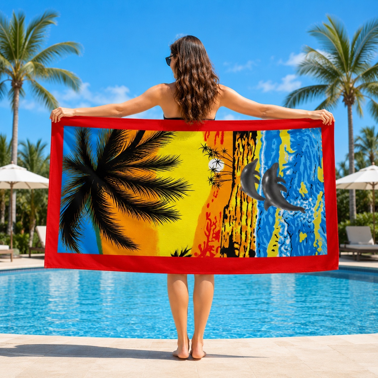 Prosop de plaja tropical cu delfini si palmieri Sunset Beach, 70x140 cm