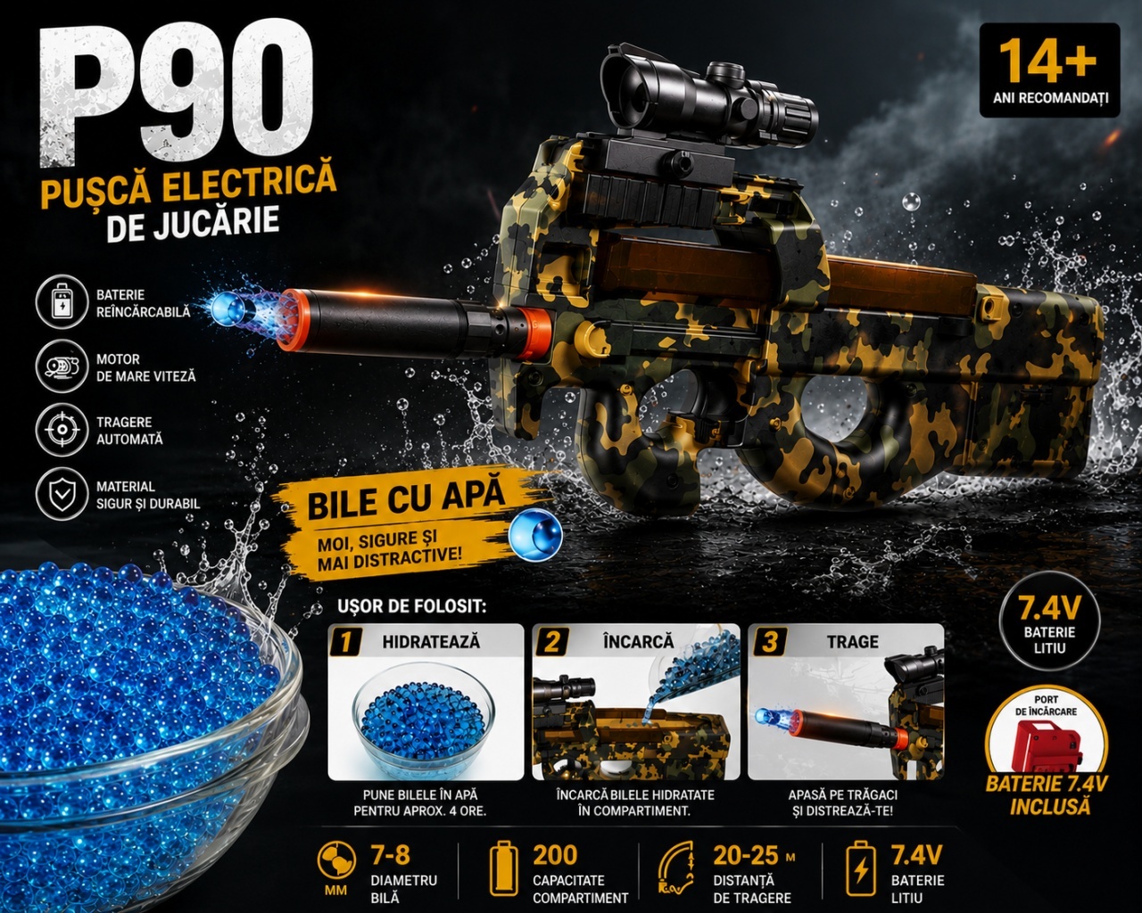 Pușcă de jucarie Electrică cu Bile de Apă P90, 45 cm – Baterie Reîncărcabilă, Ochelari de Protecție Incluși 4