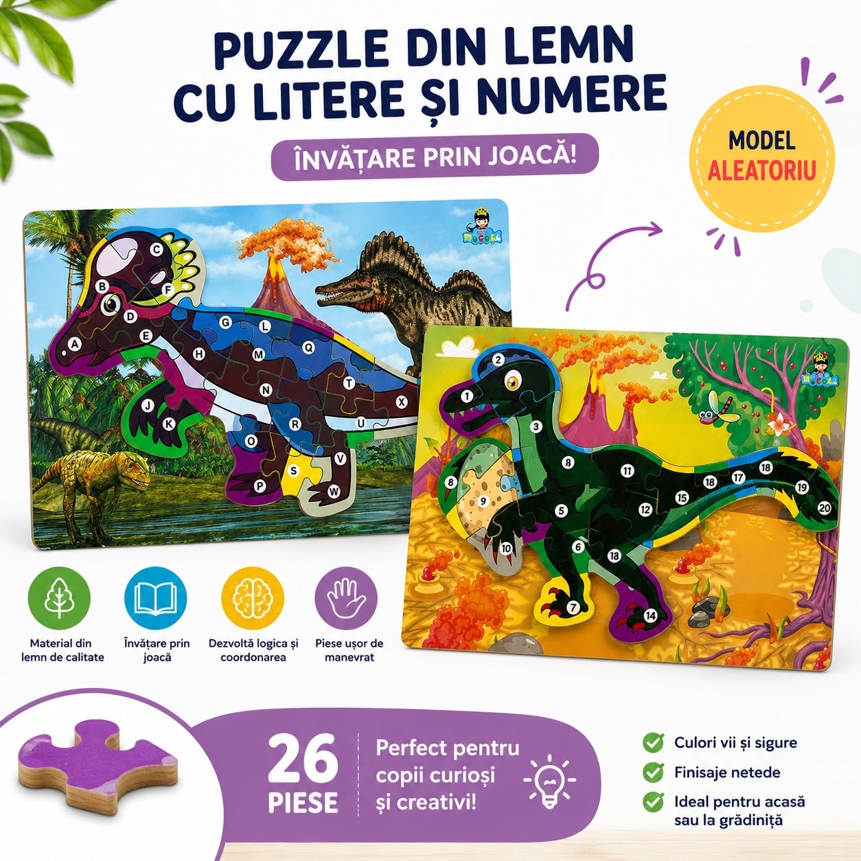 Puzzle din Lemn cu Dinozaur pentru Copii 3+ Ani, 26 Piese, Model Aleatoriu