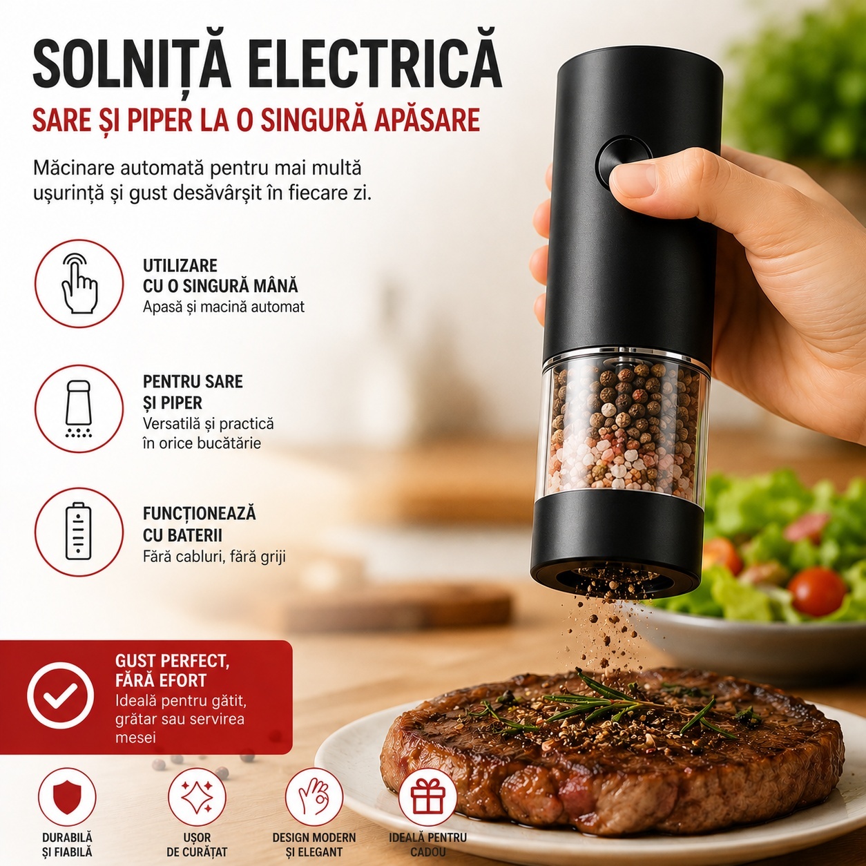 Râșniță Electrică pentru Sare și Piper, Neagră, 18 cm – Funcționare pe Baterii 3