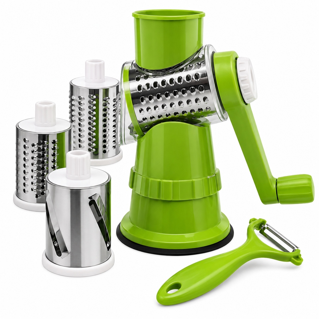 Razatoare manuala multifunctionala 4 in 1 pentru legume si fructe cu tamburi inox verde 3