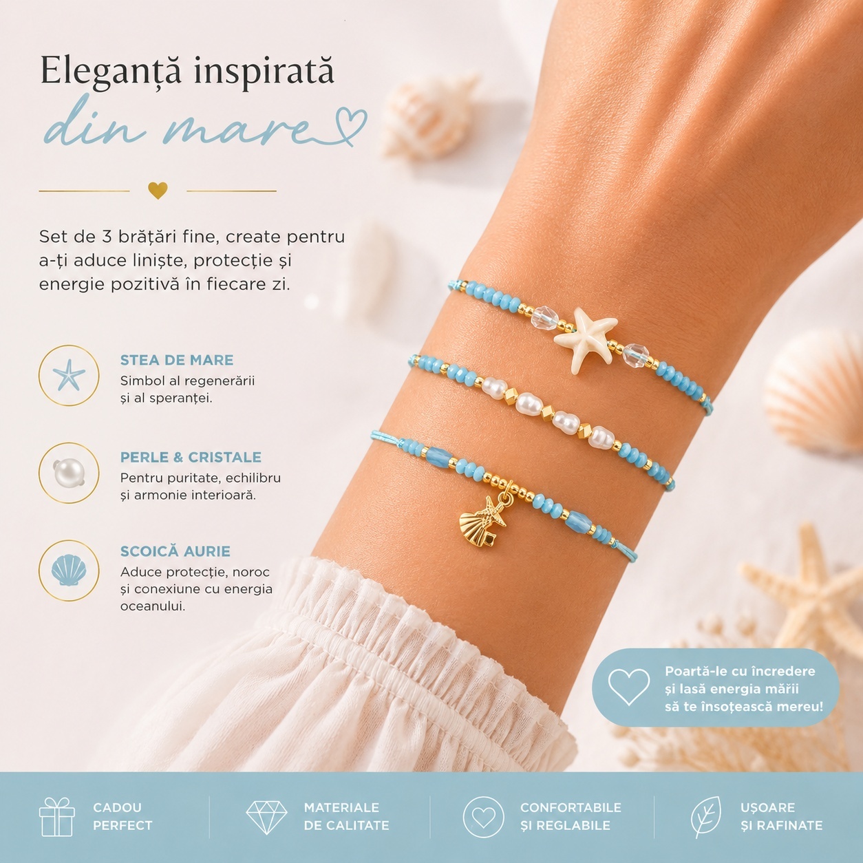 Set 12 Brățări Trio Handmade cu Stea de Mare – 16 cm, Reglabile, Culori Diferite 3