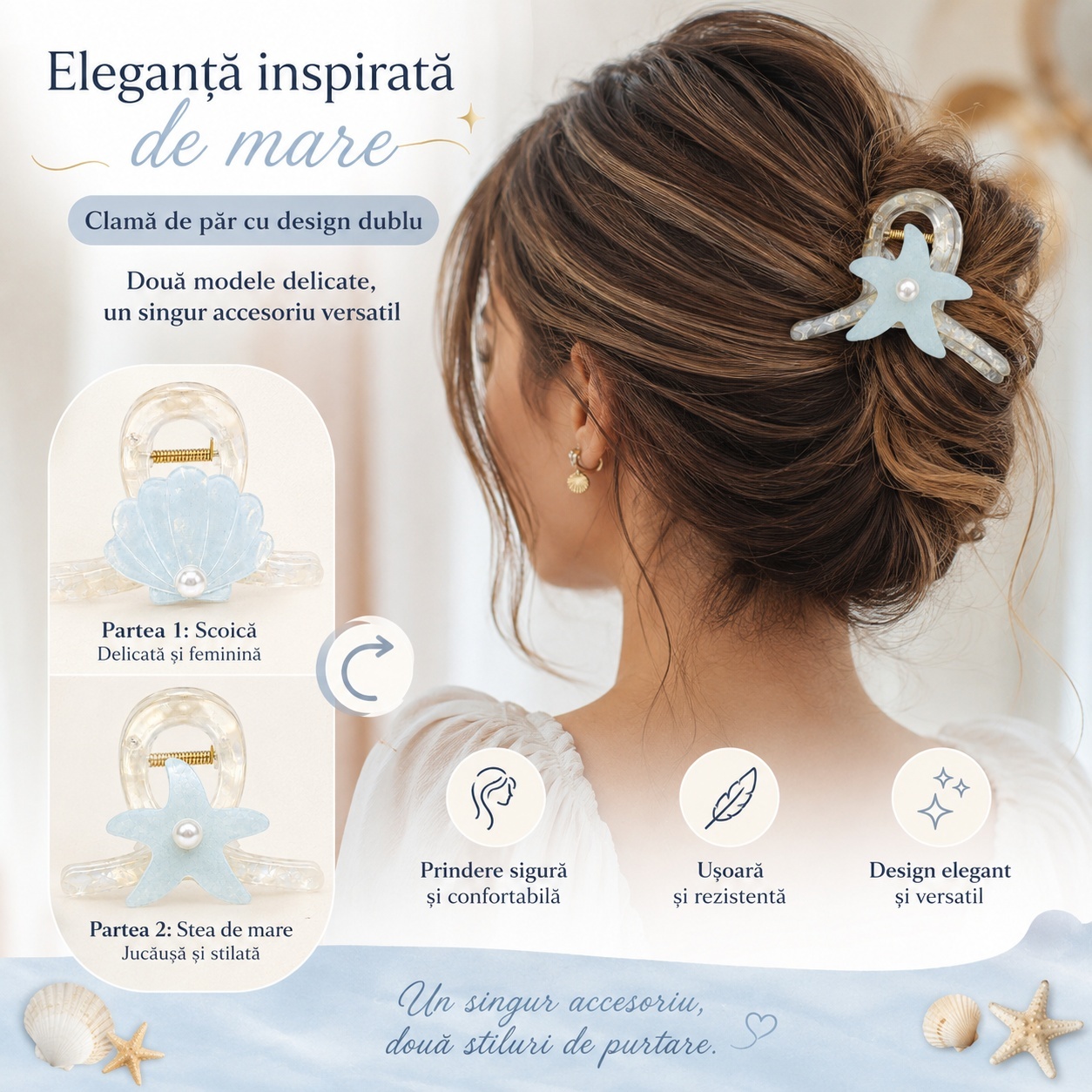 Set 12 Clești de Păr 8 cm cu Scoică și Stea de Mare – Diverse Culori Pastelate 3