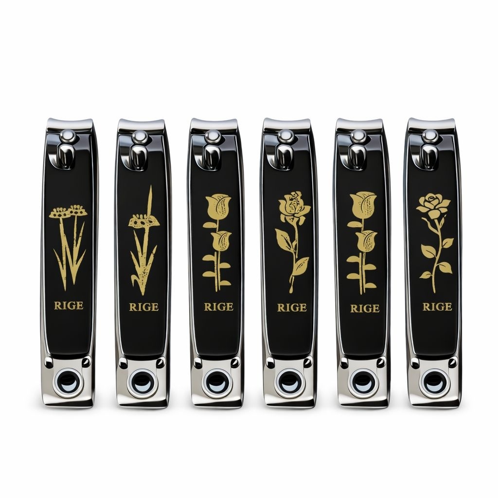 Set 12 unghiere profesionale RIGE din otel inoxidabil, design negru cu auriu 2