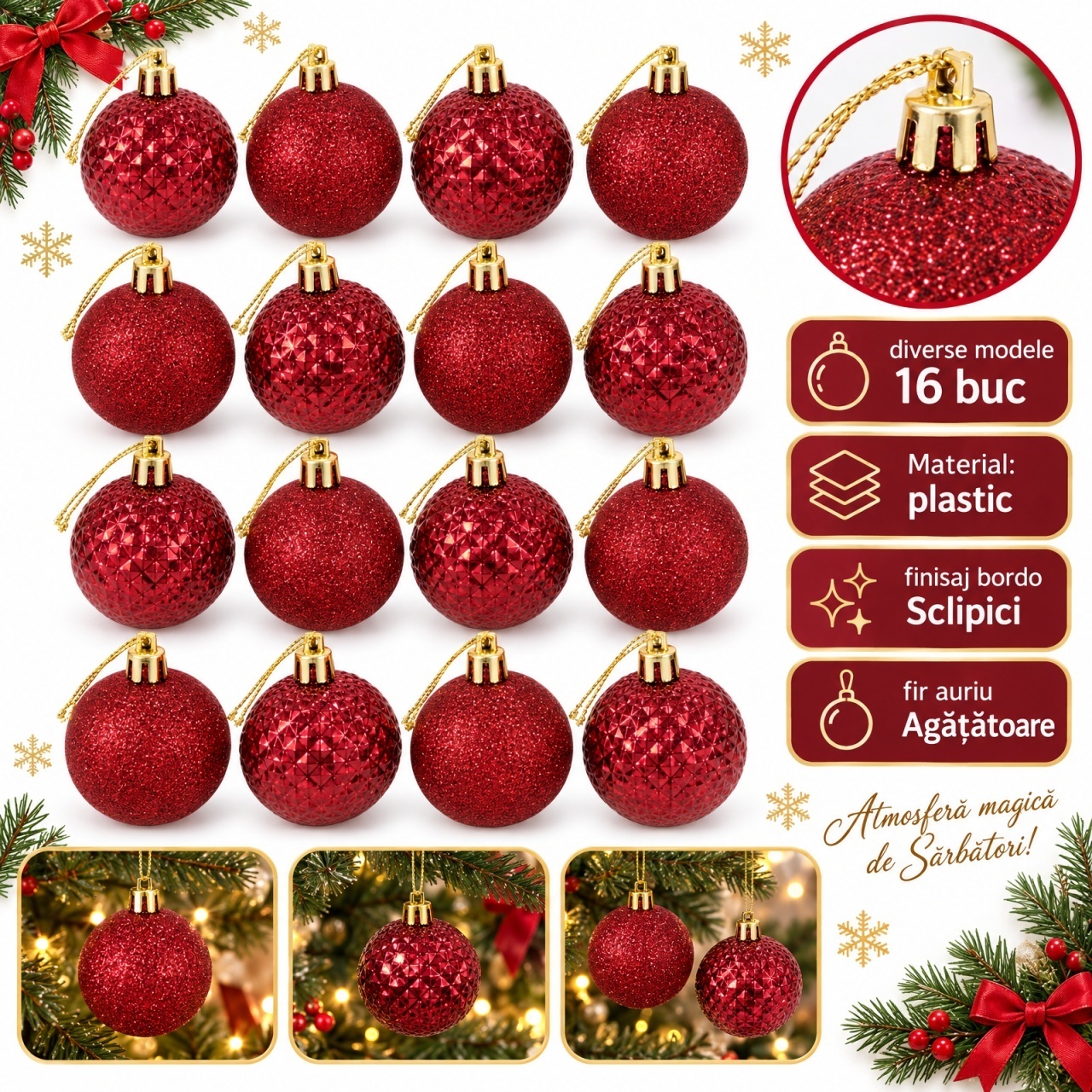 Set 16 globuri de Crăciun bordo, plastic, modele diverse, agățătoare aurie, tub 37x19 cm