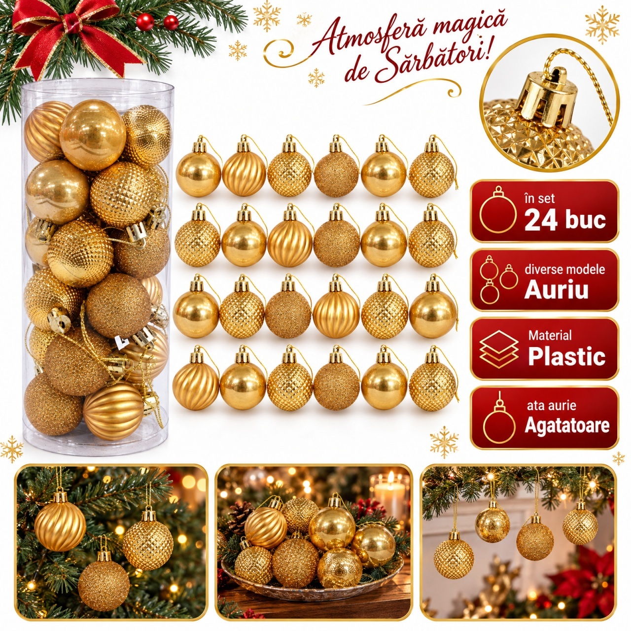 Set 24 buc globuri de Crăciun aurii, plastic, diverse modele, tub aprox. 30×10 cm, agățătoare aurie