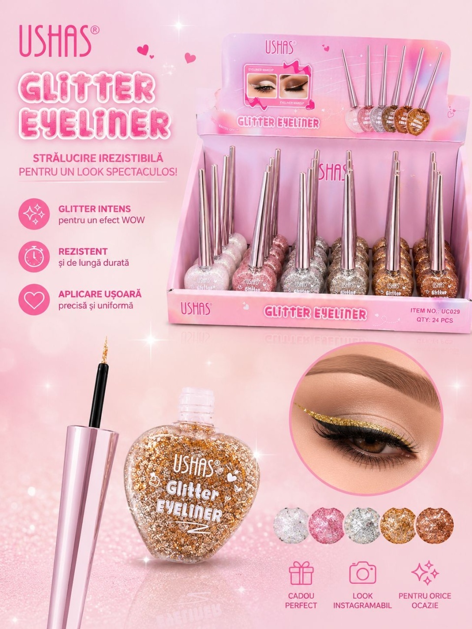 Set 24 Eyeliner cu Sclipici USHAS Glitter Eyeliner – 5 Nuanțe Strălucitoare, Rezistență Îndelungată 2