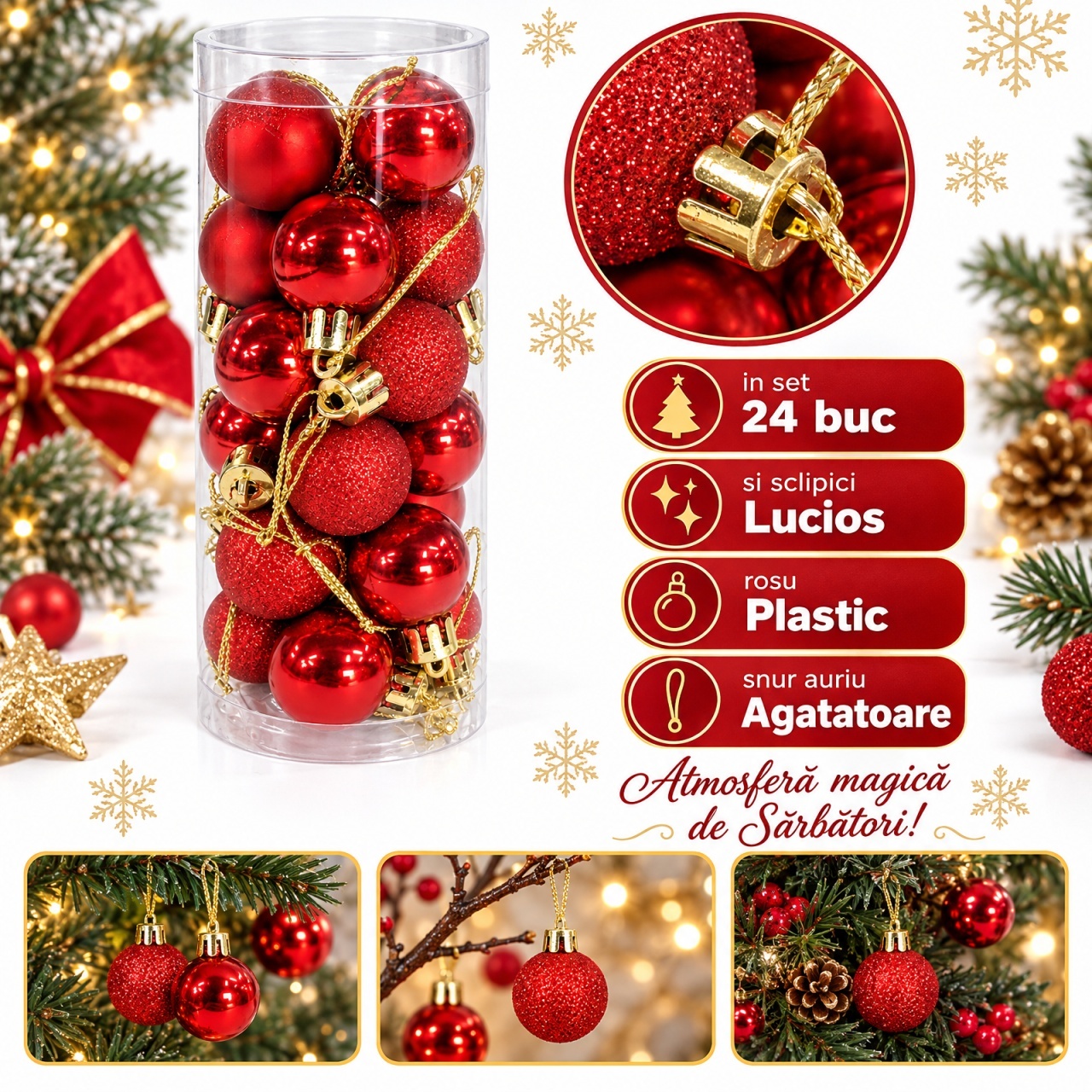 Set 24 globuri de Craciun, plastic rosu, lucioase si cu sclipici, agatatoare aurie