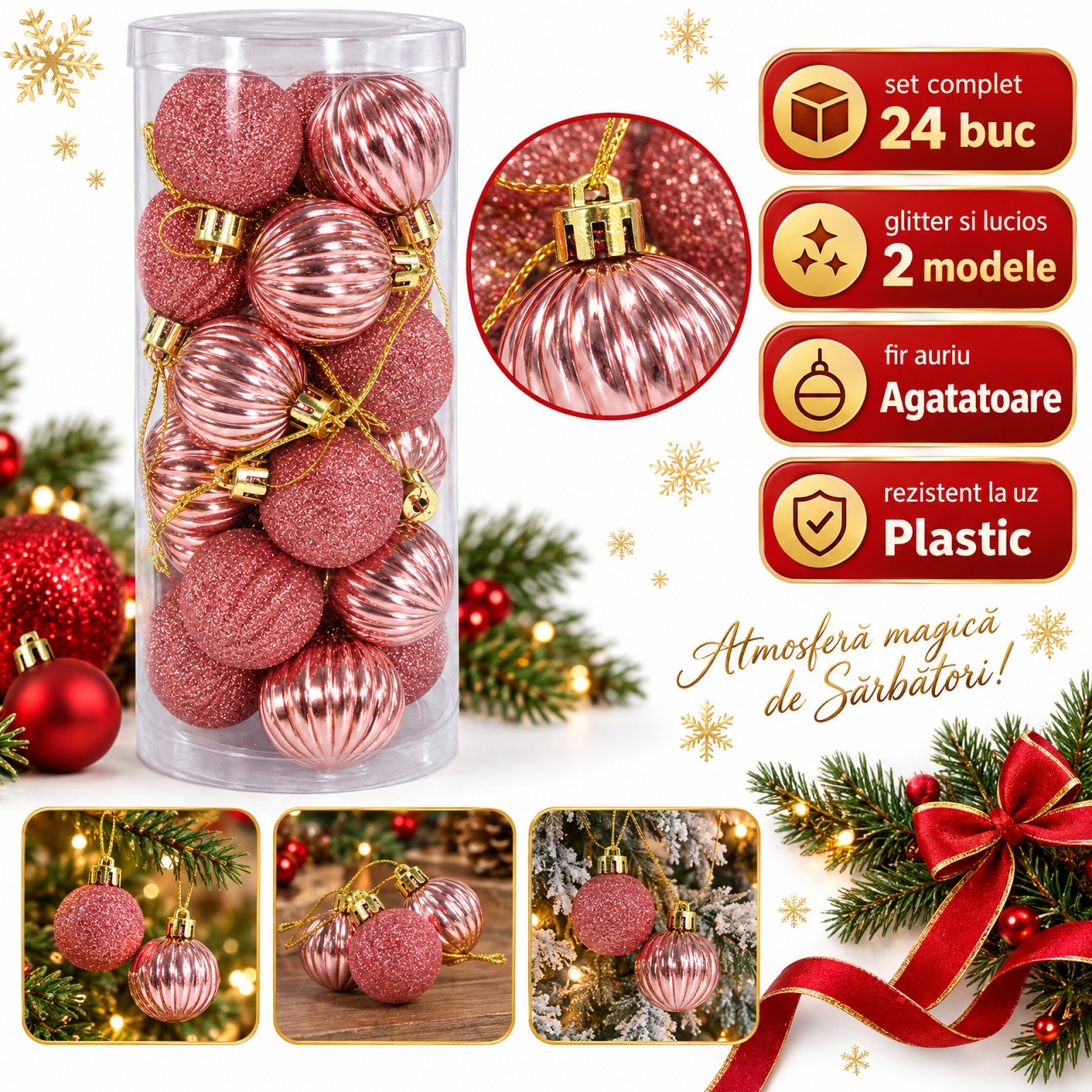 Set 24 globuri de Crăciun roz deschis, glitter și lucios, plastic, tub 30x12 cm