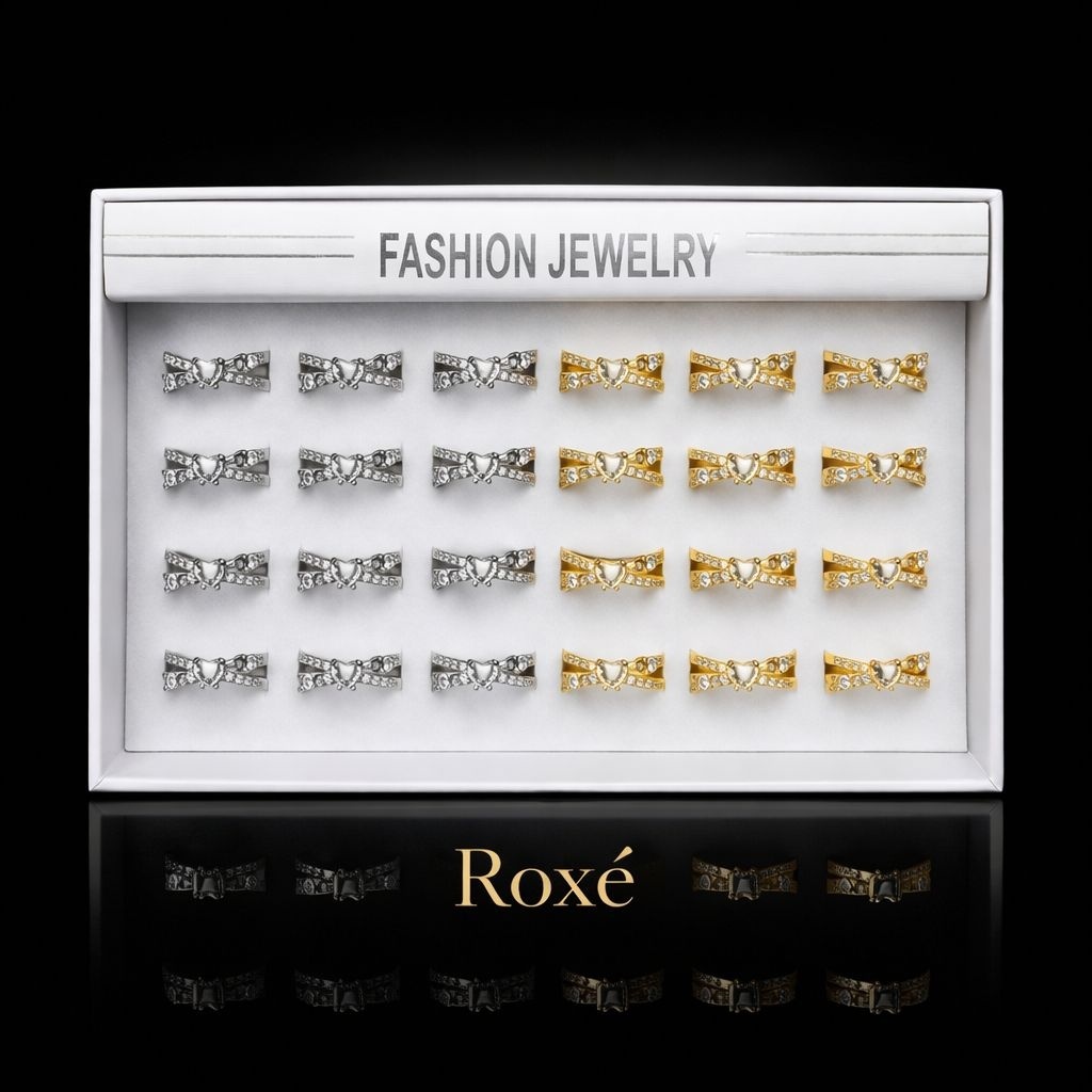 Set 24 Inele ROXE Heart Crystal Elegance – Auriu & Argintiu, Reglabile, Design cu Inimă Centrală și Cristale