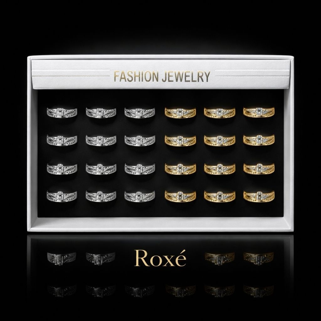 Set 24 Inele ROXE Royal Shine – Auriu & Argintiu, Reglabile, Design Elegant cu Cristale Fine