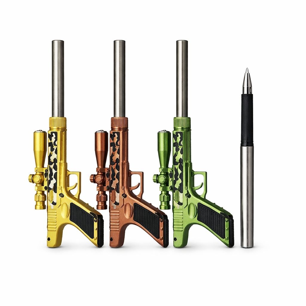 Set 24 pixuri cu pastă model pistol cu lunetă, design metalic decorativ, cu lumina led