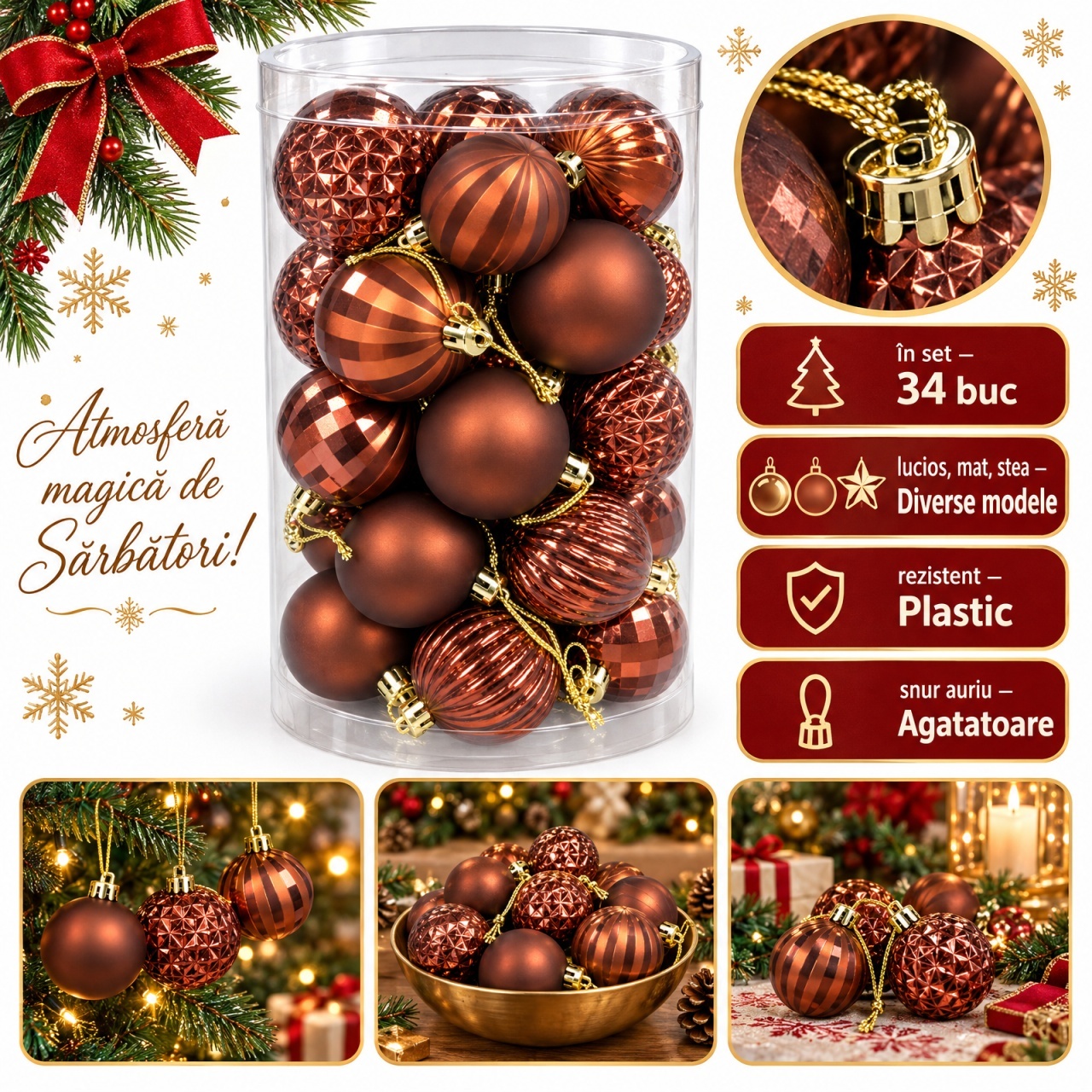 Set 34 globuri de Crăciun arămii, plastic, modele diverse, agățătoare aurie, cutie 43×23 cm