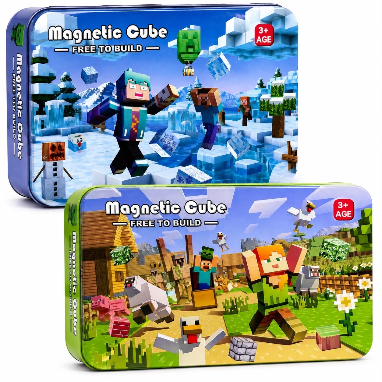 Set Cuburi Magnetice de Construcție, 60 Piese cu Figurine și Cutie Metalică de Depozitare 2