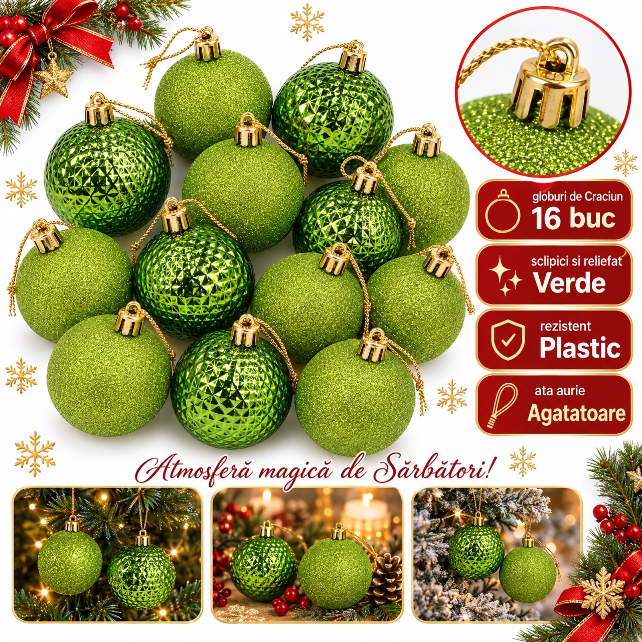 Set de 16 globuri brad verzi, plastic, modele diverse, sclipici/relief, 33 × 17 cm