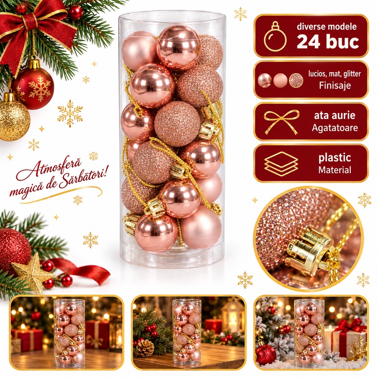 Set de 24 globuri de brad, rose-gold, din plastic, modele diverse, 20 × 7,5 cm