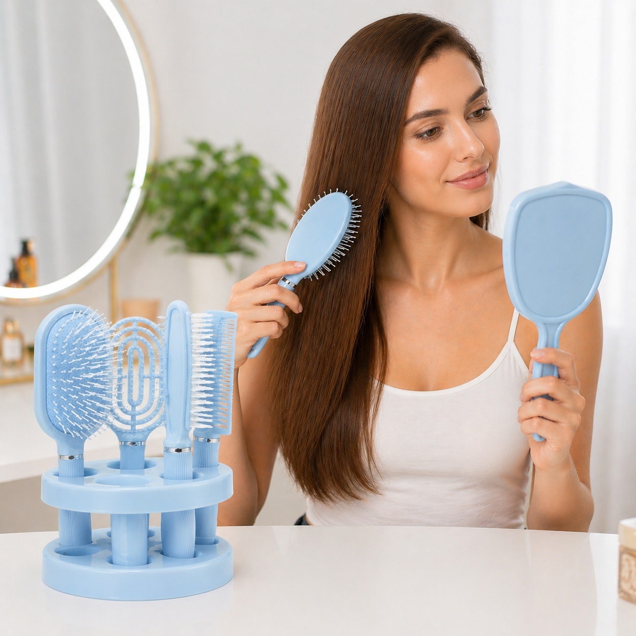 Set de 4 Perii de Păr și Oglindă cu Suport, Albastru – Kit Complet pentru Îngrijire și Styling 3
