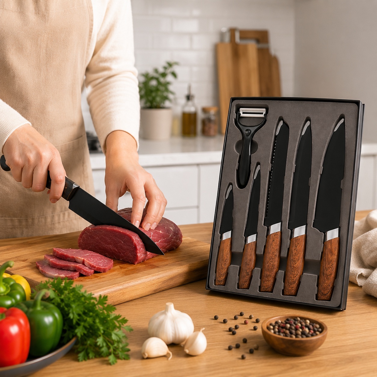 Set de 5 cutite de bucatarie si curatator legume, invelis marmura, maner ergonomic 3