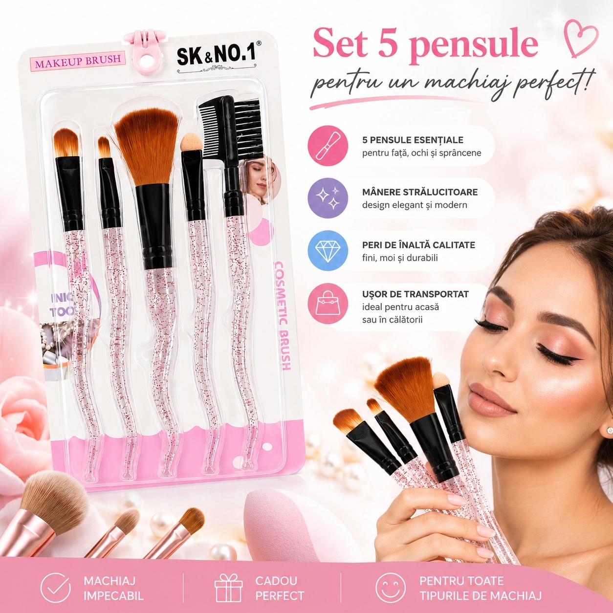 Set de 5 Pensule Profesionale pentru Machiaj – Mânere cu Sclipici Roz și Fibre Ultra-Moi 2