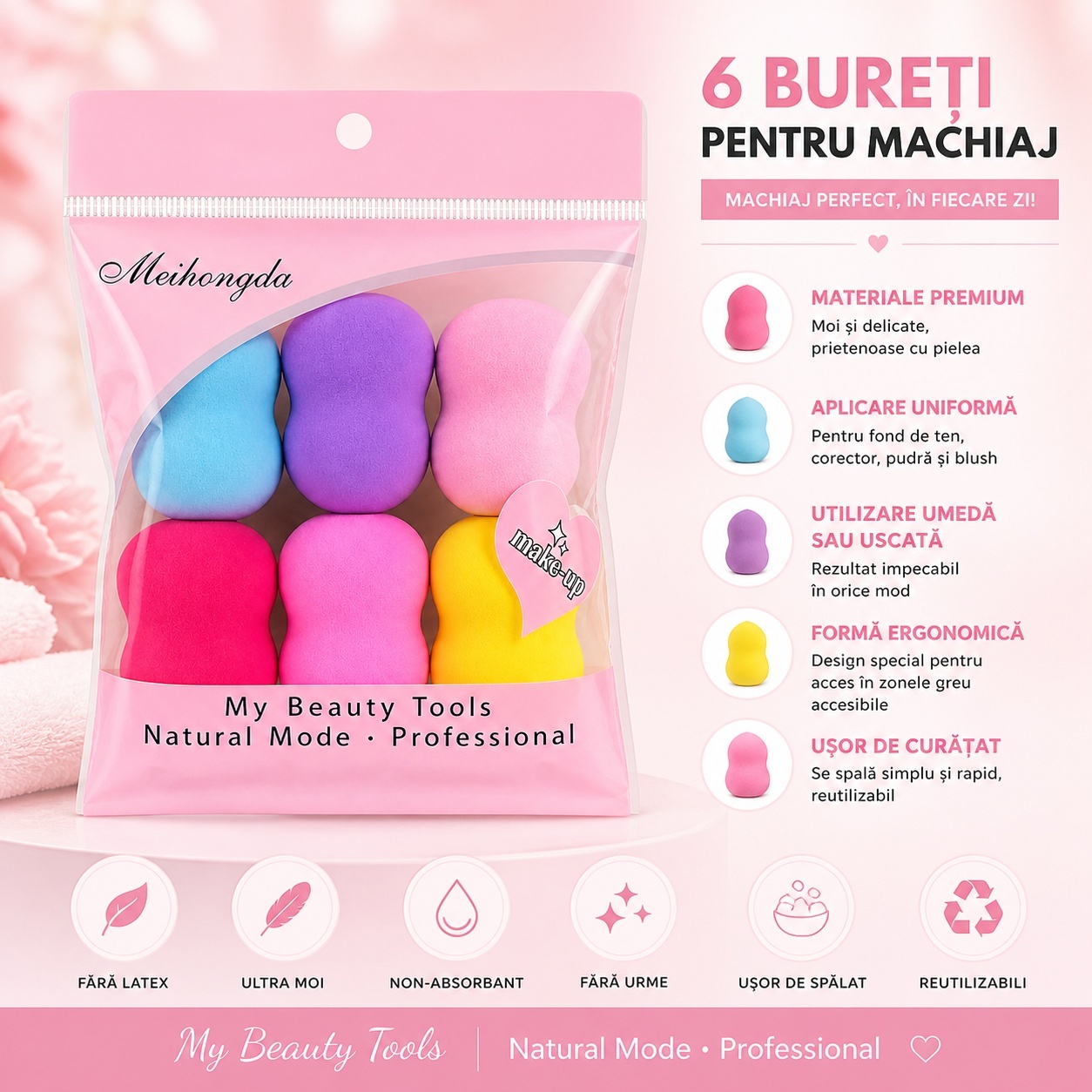 Set de 6 Bureței pentru Machiaj Profesional – Multicolor, Ultra Moi și Reutilizabili 2