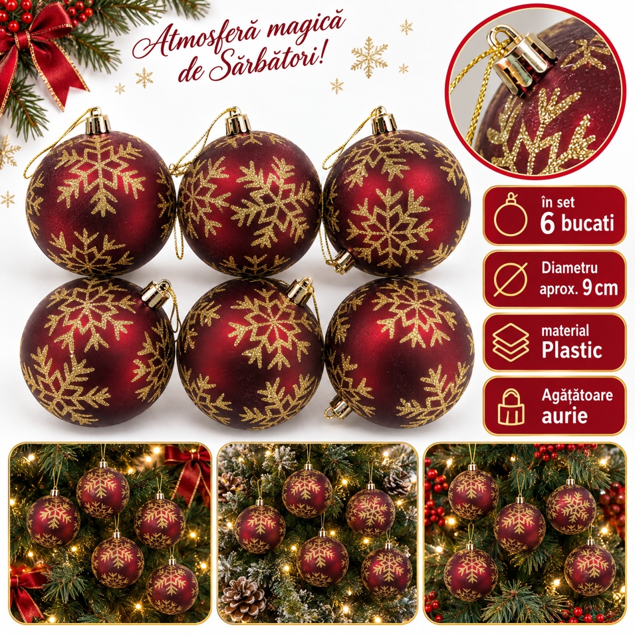 Set de 6 globuri de Crăciun, bordo cu fulgi aurii, din plastic, 7 cm