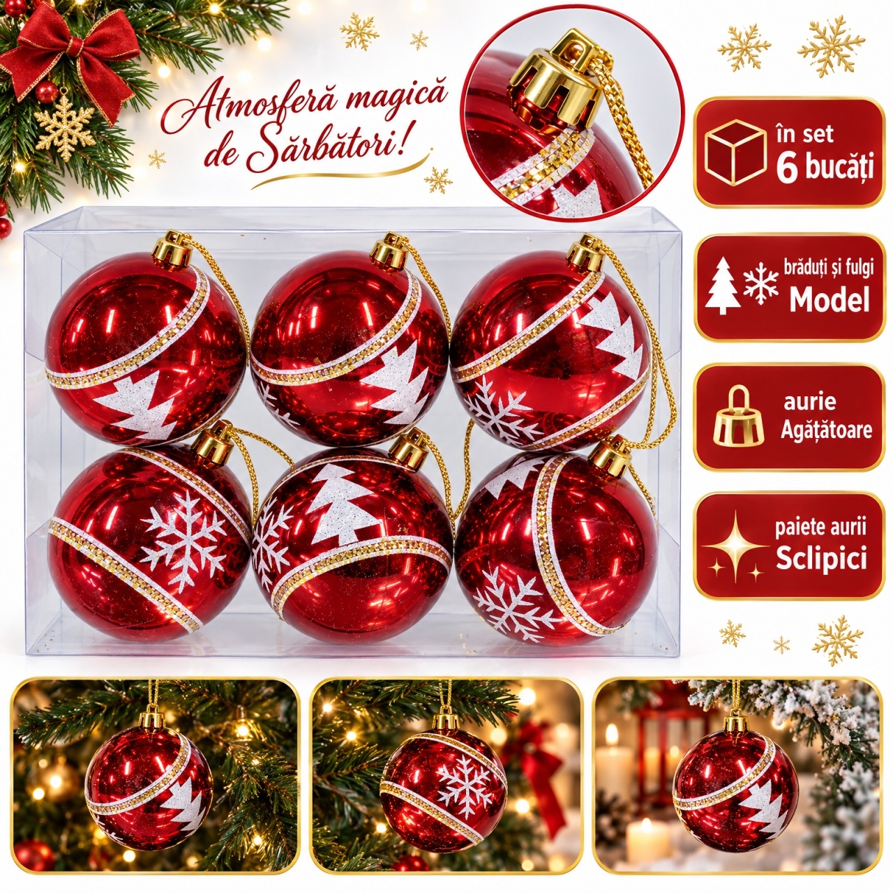 Set de 6 globuri roșii din plastic, model brăduți și fulgi albi cu sclipici, 22 x 15 cm