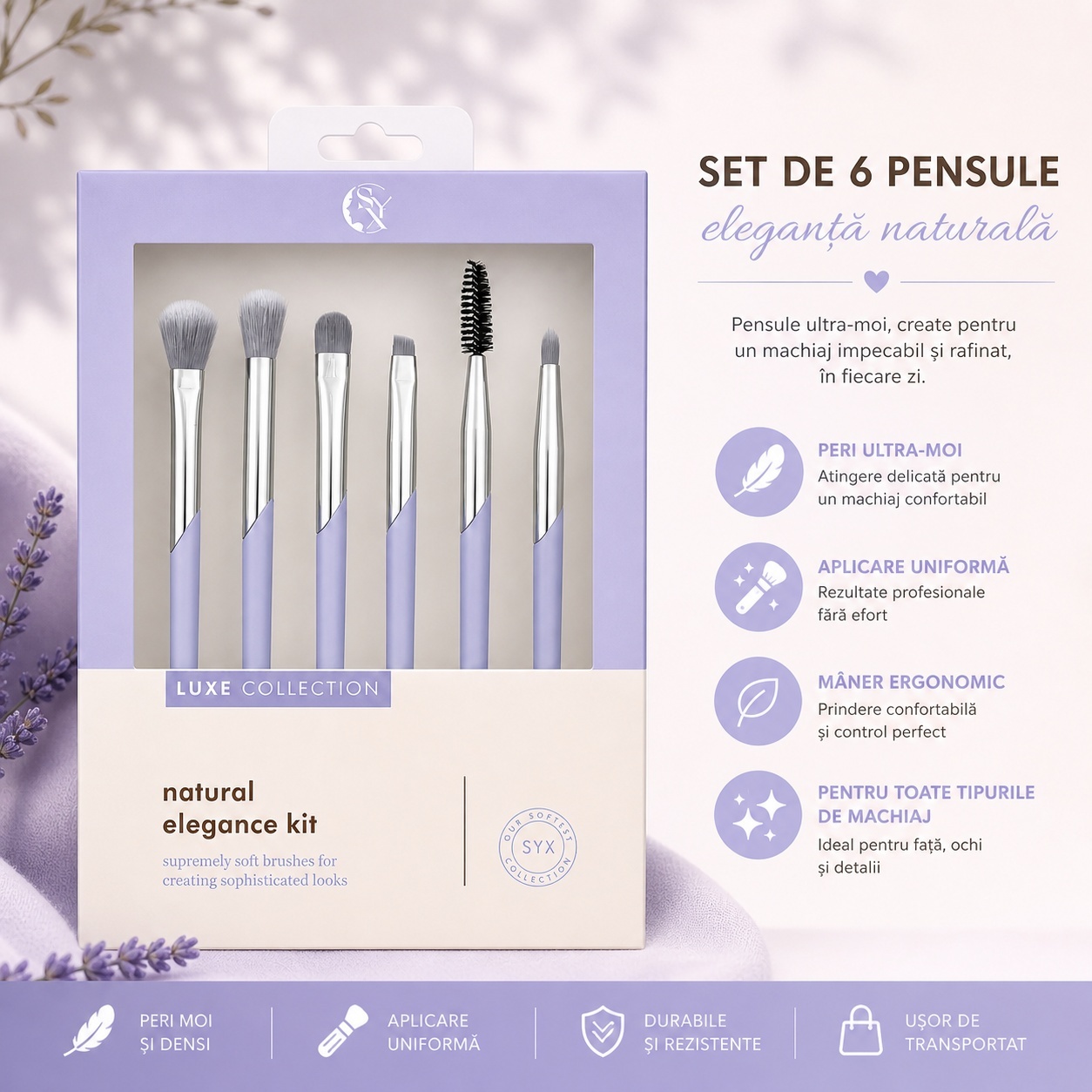 Set de 6 Pensule Profesionale Machiaj Luxe Collection Albastru Deschis – Peri Ultra-Moi și Design Elegant 2
