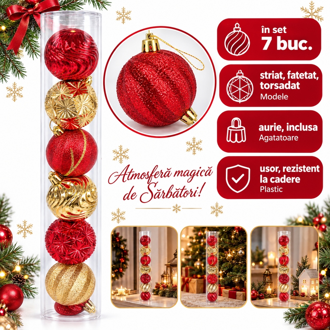 Set de 7 globuri de Crăciun, din plastic, roșu-auriu, modele diverse, 7cm