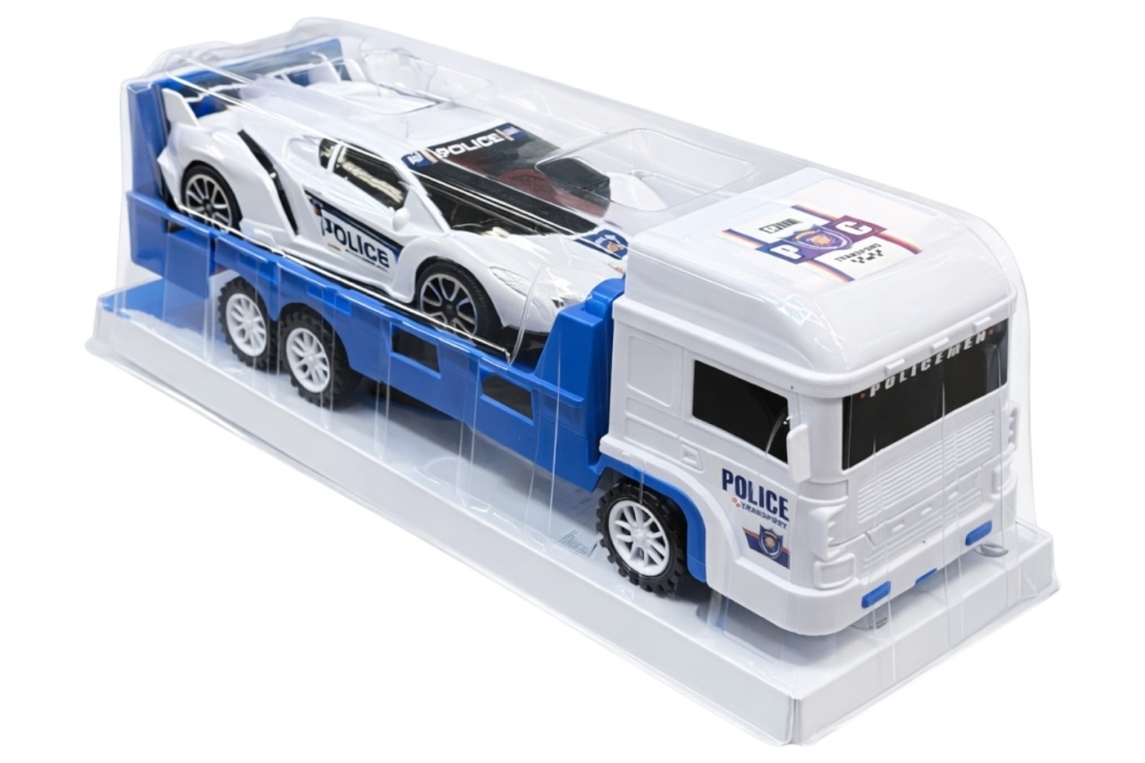 Set Jucării Transportor Platformă și Mașină de Poliție, Plastic, 33 cm, Albastru 2