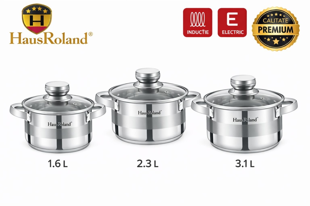 Set oale HausRoland din oțel inoxidabil cu capace din sticlă, 3 piese, compatibil inducție 2