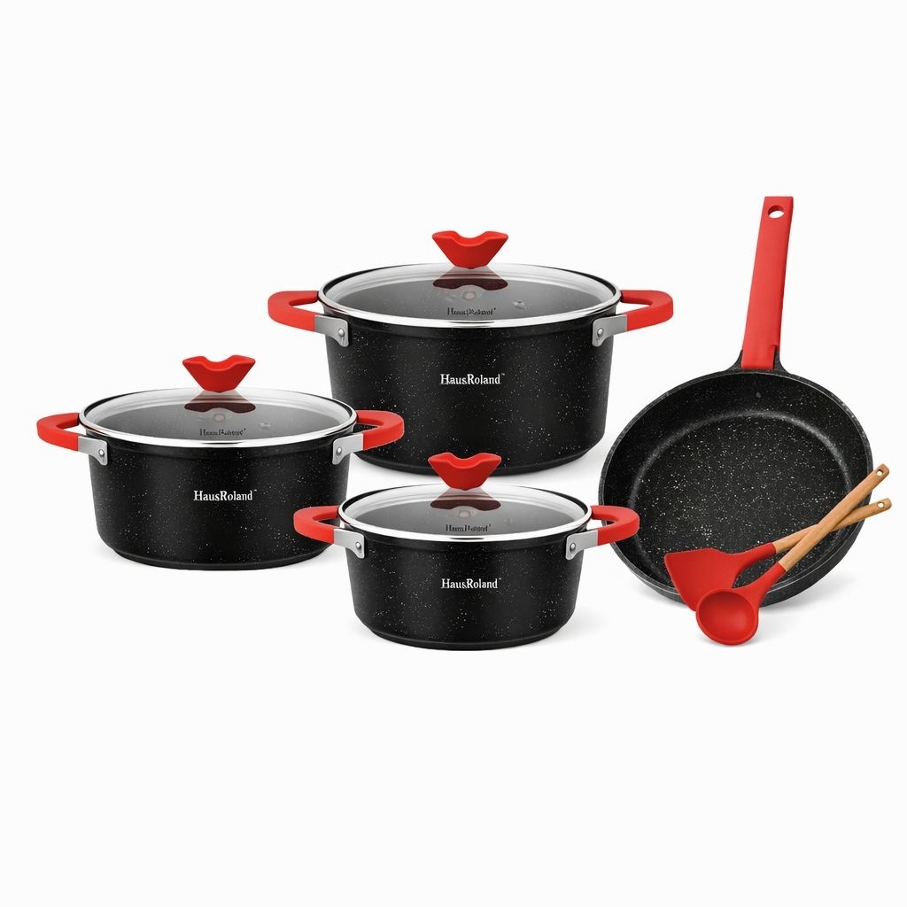Set tigăi și oale cu înveliș granit antiaderent, capace sticlă, 7 piese, Negru