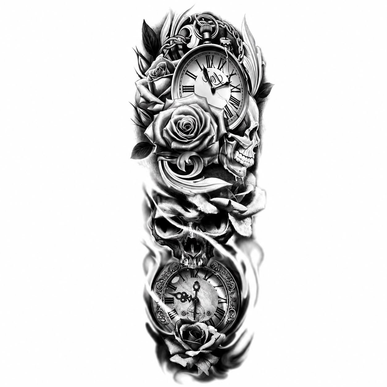 Tatuaj Semipermanent cu Cranii, Ceasuri Vintage și Trandafiri – 45 cm