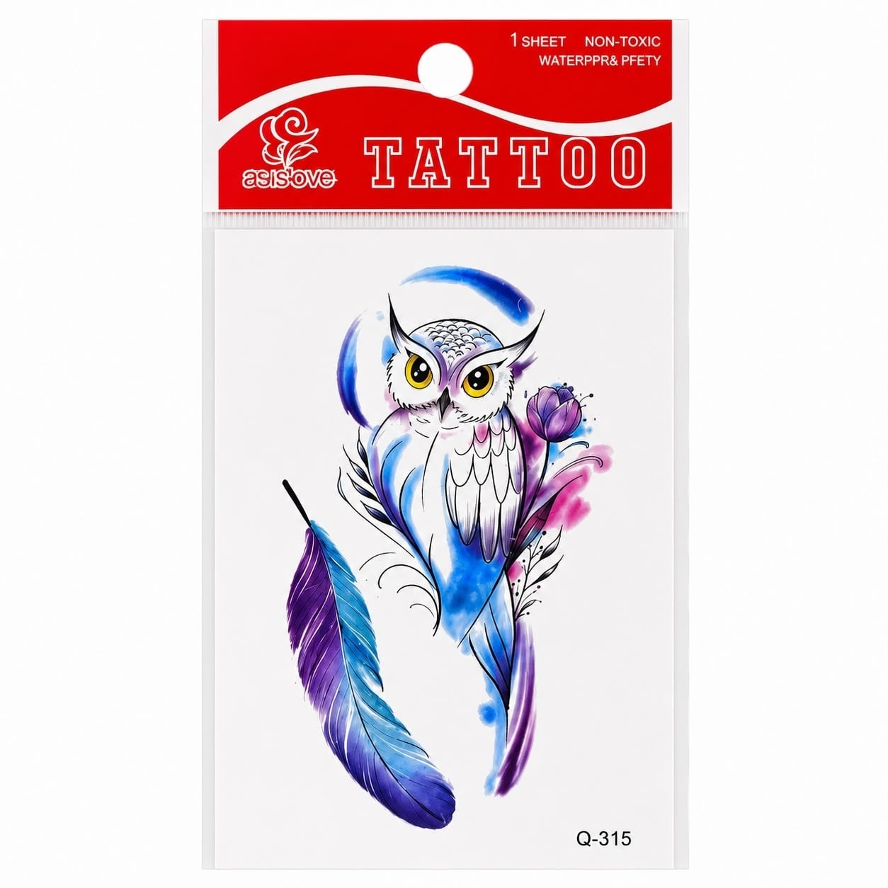 Tatuaj Temporar Semipermanent Bufniță în Stil Acuarelă 10 cm – Design Artistic cu Pană și Floare