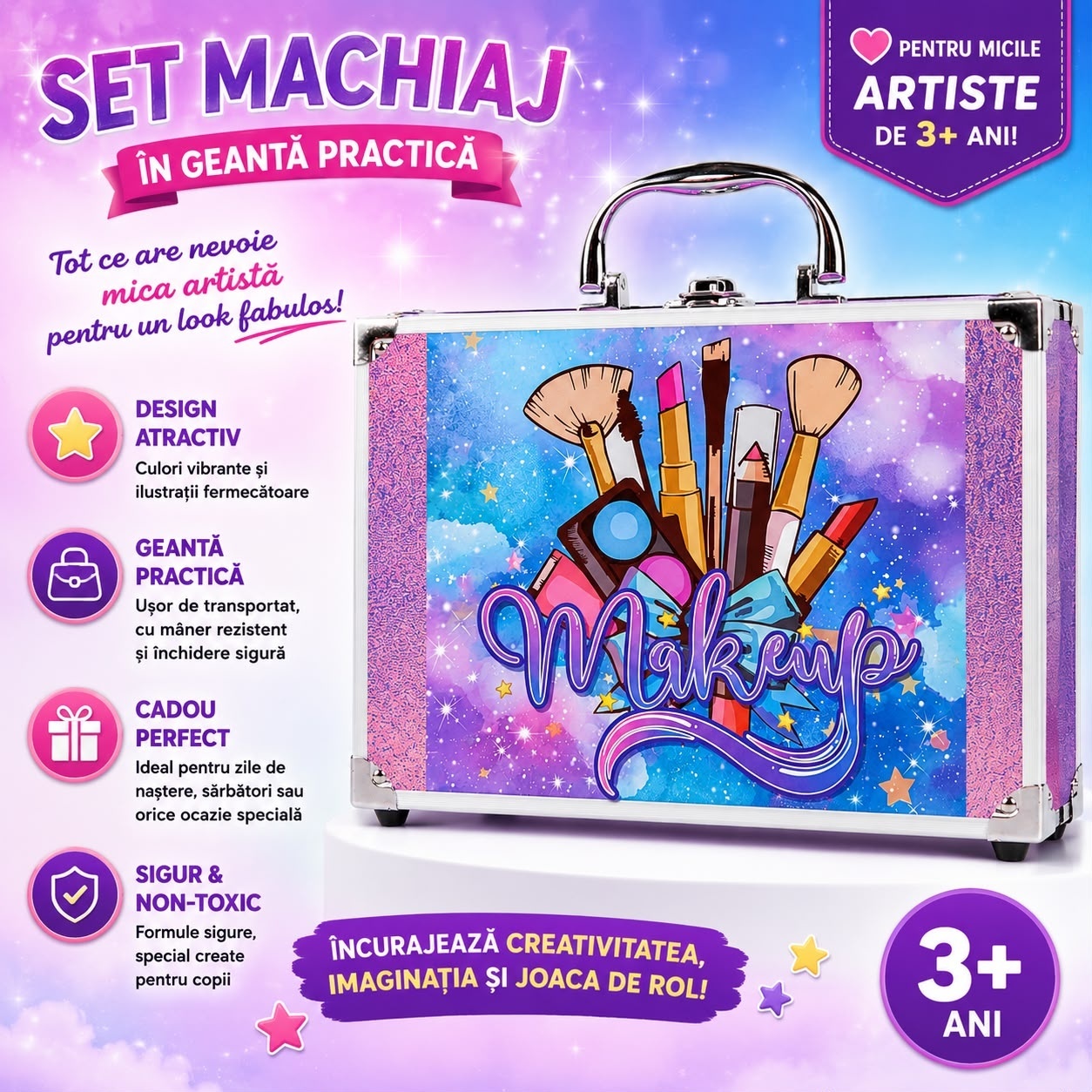 Trusă de Machiaj pentru Copii în Geantă Metalică, Set Cosmetic de Joacă, 3+ Ani 2