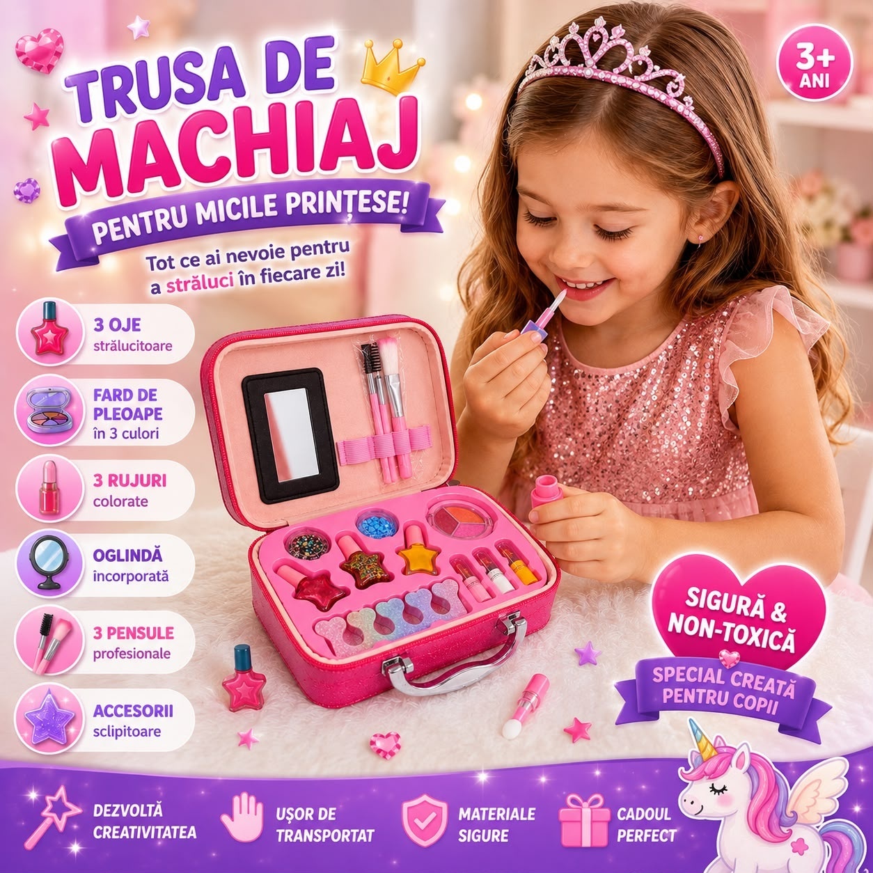 Trusă de Machiaj Unicorn pentru Copii în Geantă Elegantă – Set Cosmetic cu Oglindă și Accesorii, Culoare Aleatorie 4