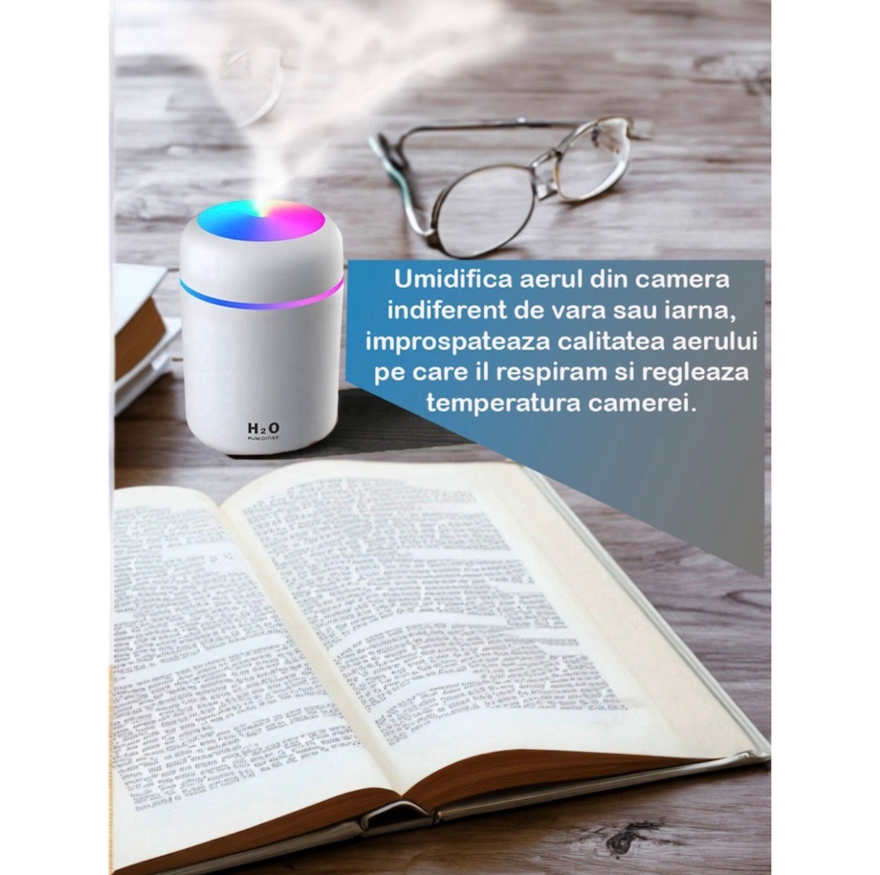 Umidificator Aer si Difuzor Aromaterapie 300ml, LED RGB, 2 Moduri Pulverizare, USB, Alb 2