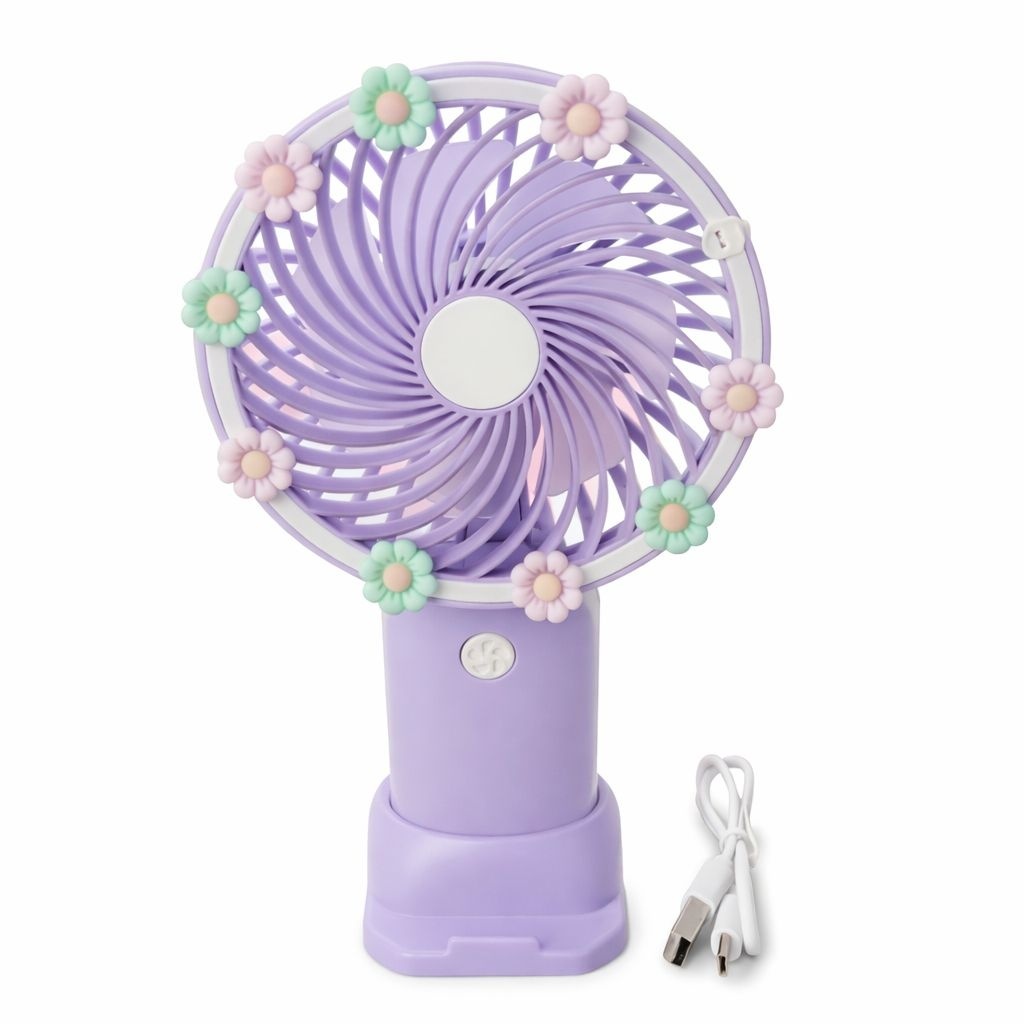 Ventilator portabil mini cu suport, USB, 3 viteze, design floral, mov 2
