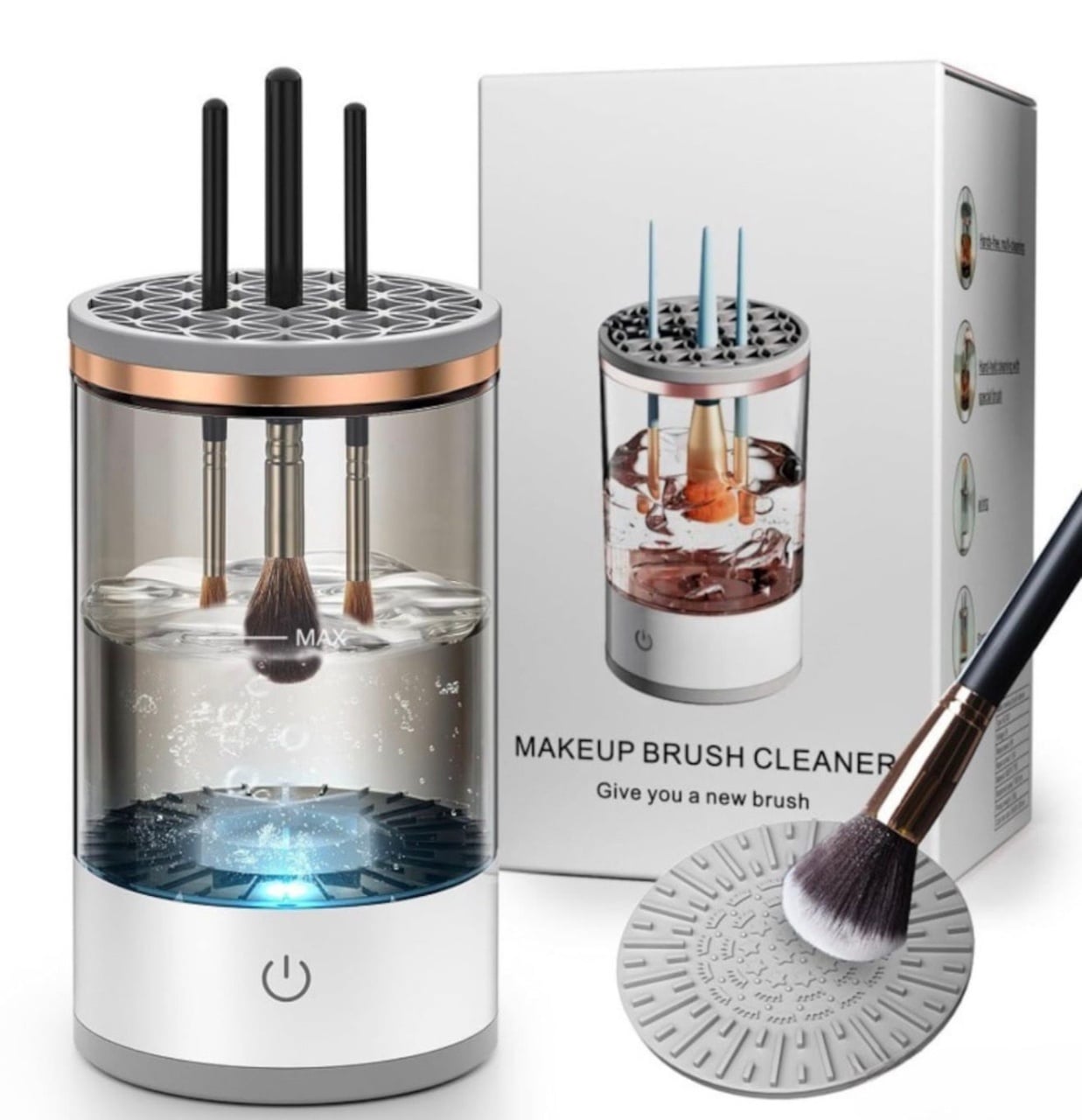 Aparat electric curatare pensule machiaj USB, dispozitiv automat cu recipient fumuriu