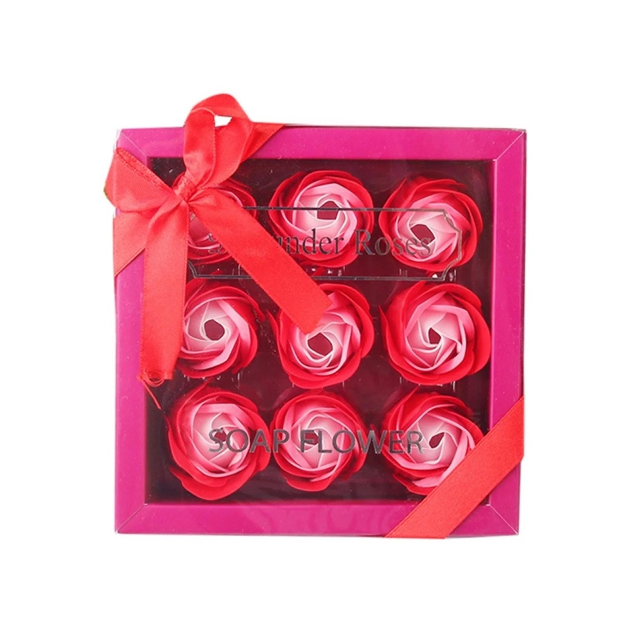 Aranjament trandafiri din sapun rosu si roz in cutie eleganta cu capac transparent