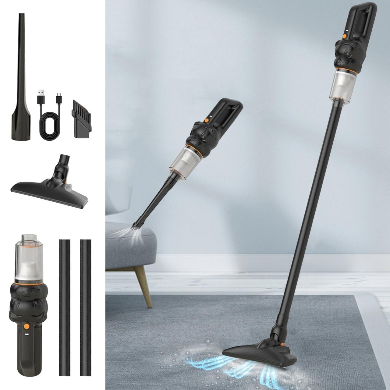 Aspirator vertical fara fir 2 in 1, puternic, portabil, cu accesorii, negru