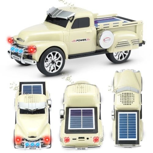 Boxa portabila Bluetooth masina vintage, radio FM, panou solar, lumini RGB, TWS, alb laptos 2
