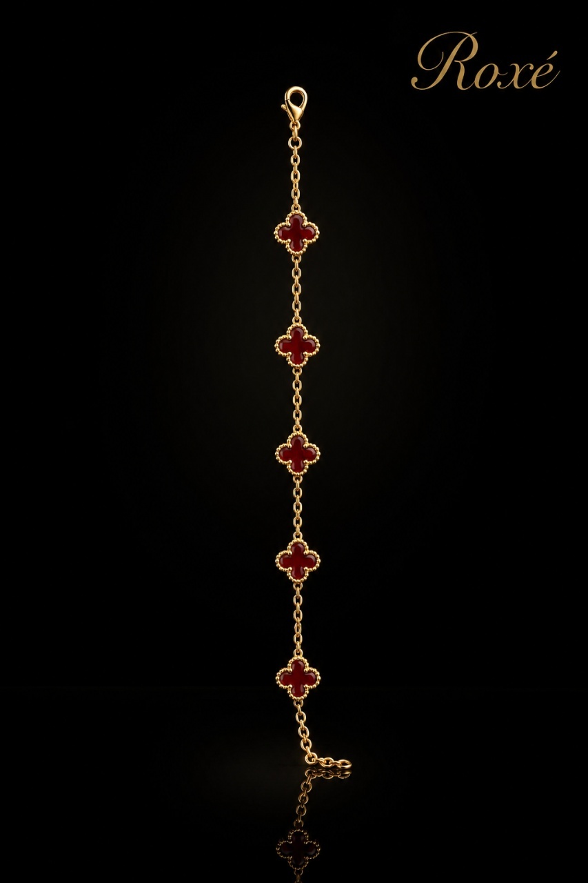 Brățară aurie Roxé cu simboluri bordo elegante, reglabilă 18+5 cm 3