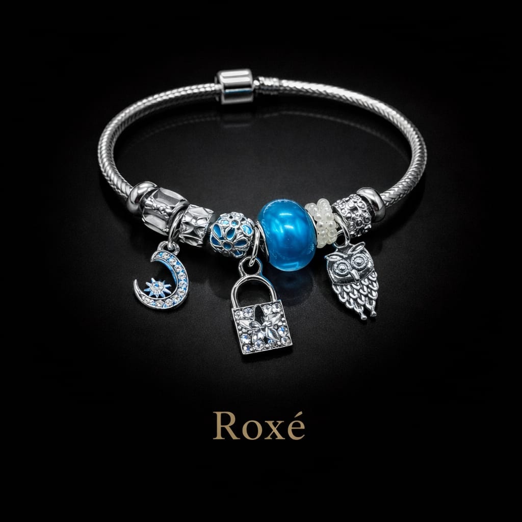 Bratara ROXE argintie cu luna bufnita si lacat charmuri elegante dama 3