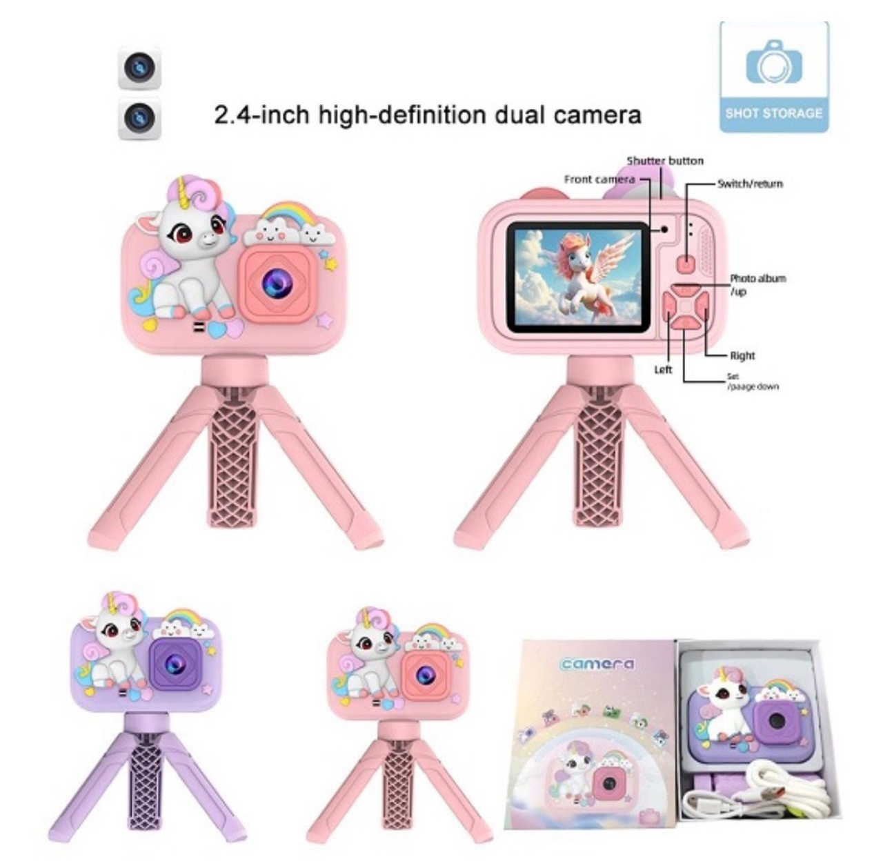 Camera foto copii unicorn roz cu trepied HD video 1080p dual camera 2