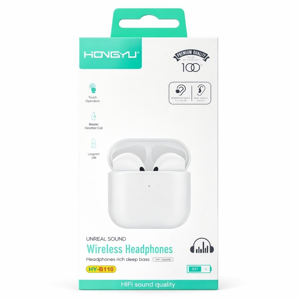 Căști wireless Bluetooth Hongyu HY-B110 cu cutie de încărcare, Hi-Fi stereo, Albe