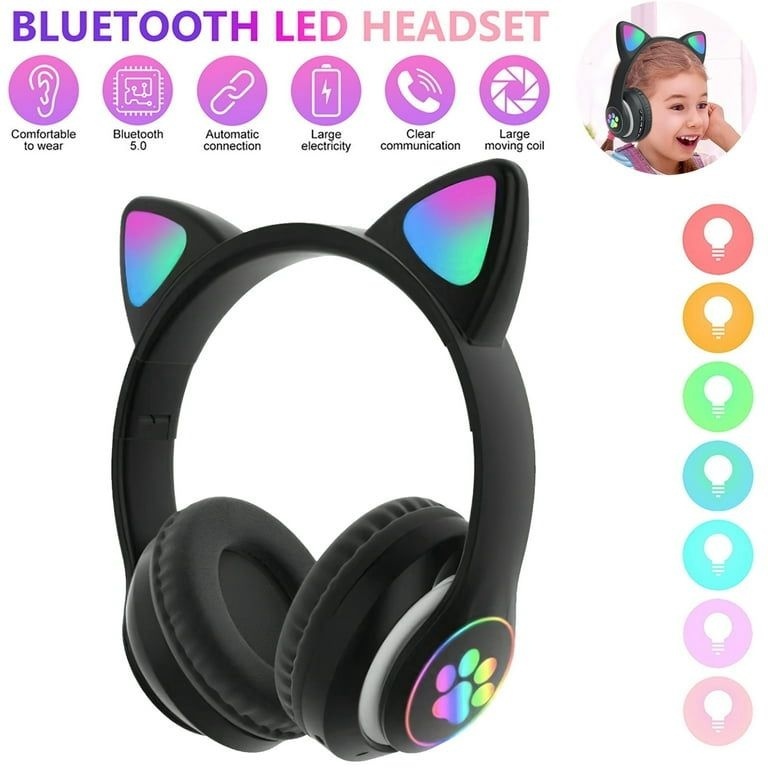 Căști wireless cu urechi de pisică și lumini LED, design ergonomic, Negru 2