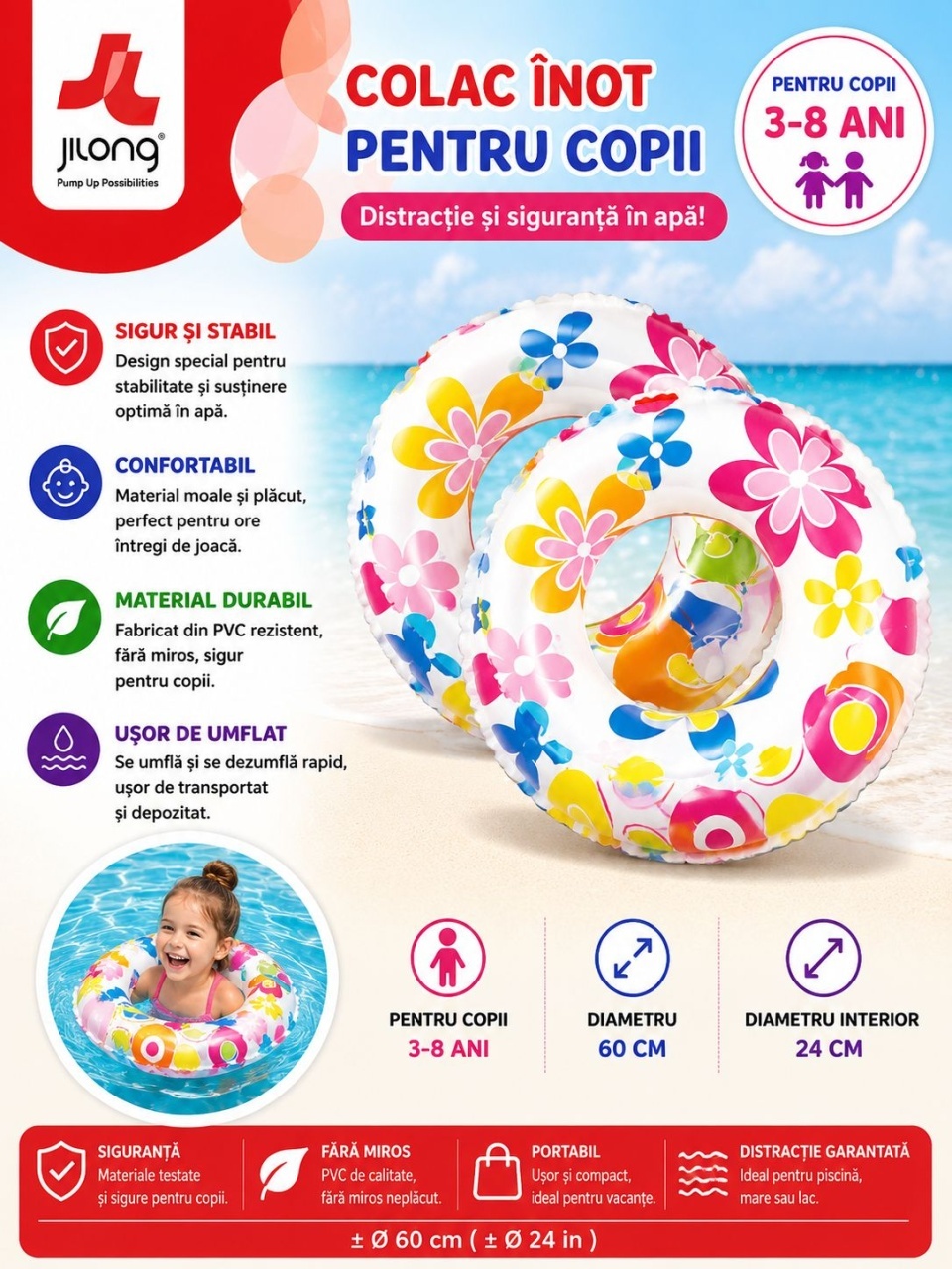 Colac gonflabil copii cu flori colorate, 60 cm, pentru piscina, mare si vacante 2